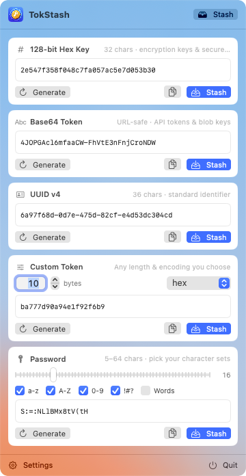 The TokStash menu-bar dropdown showing five generators: 128-bit hex key, Base64 token, UUID v4, custom token, and password generator